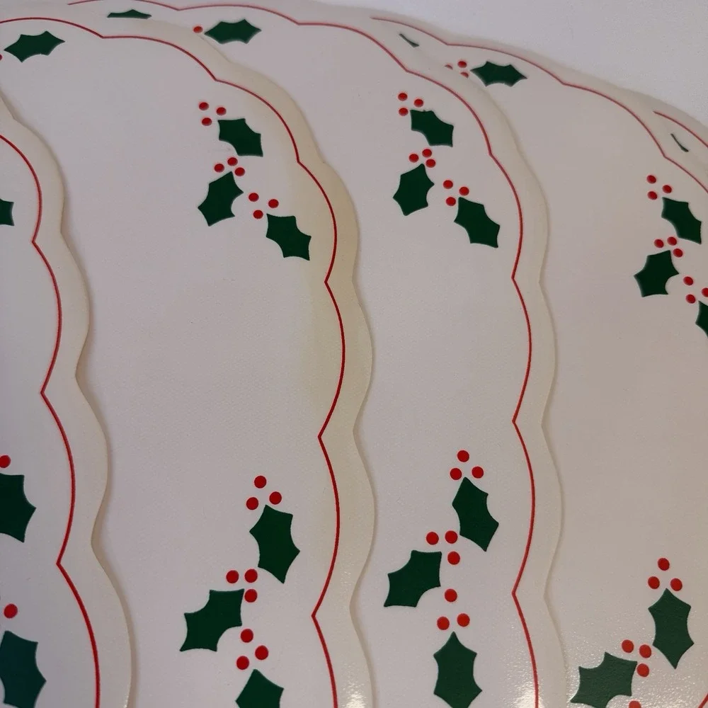 6 Vintage Placemat Set Holly Berry Christmas Holiday Oval Vinyl MCM Granny Core